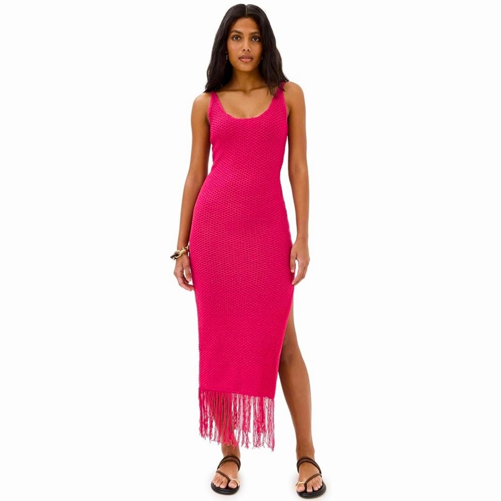 Moon River Hot Pink Maxi Tank Dress with Fringe Hem